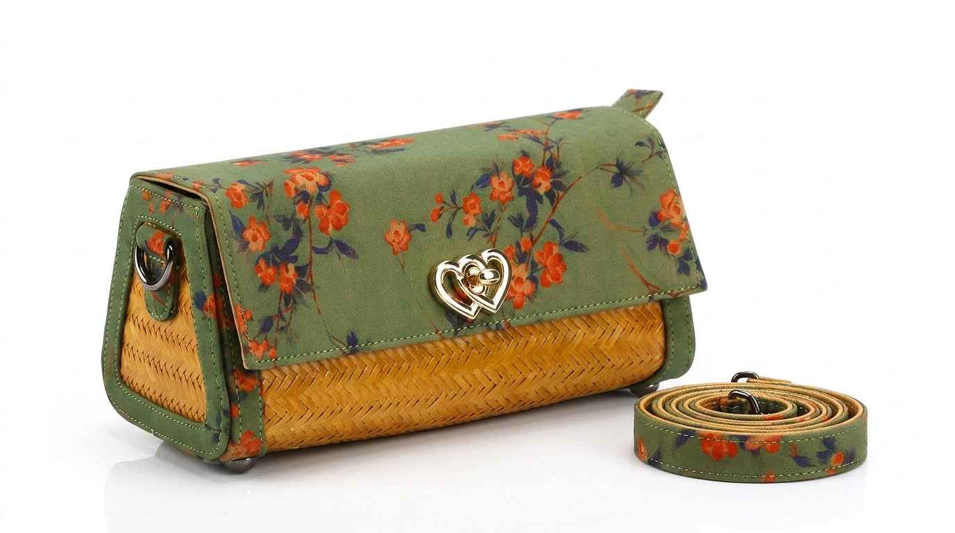 Verdant Bind | Cottagecore Floral Bamboo Bag with Heart Clasp